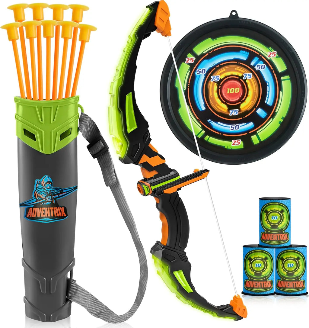Joyfy Kids Bow and Arrow Set LED Light Up Archery Toy with 9 Suction Arrows and Target