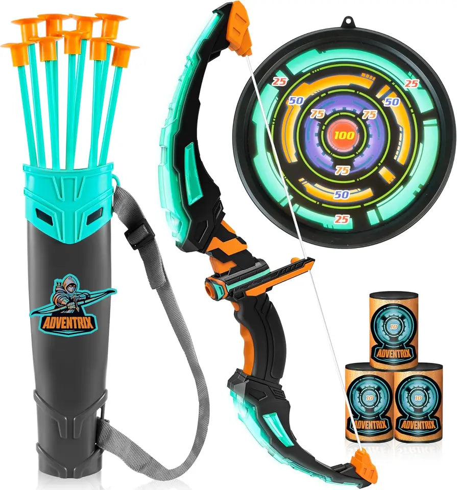 Joyfy Kids Bow and Arrow Set LED Light Up Archery Toy with 9 Suction Arrows and Target