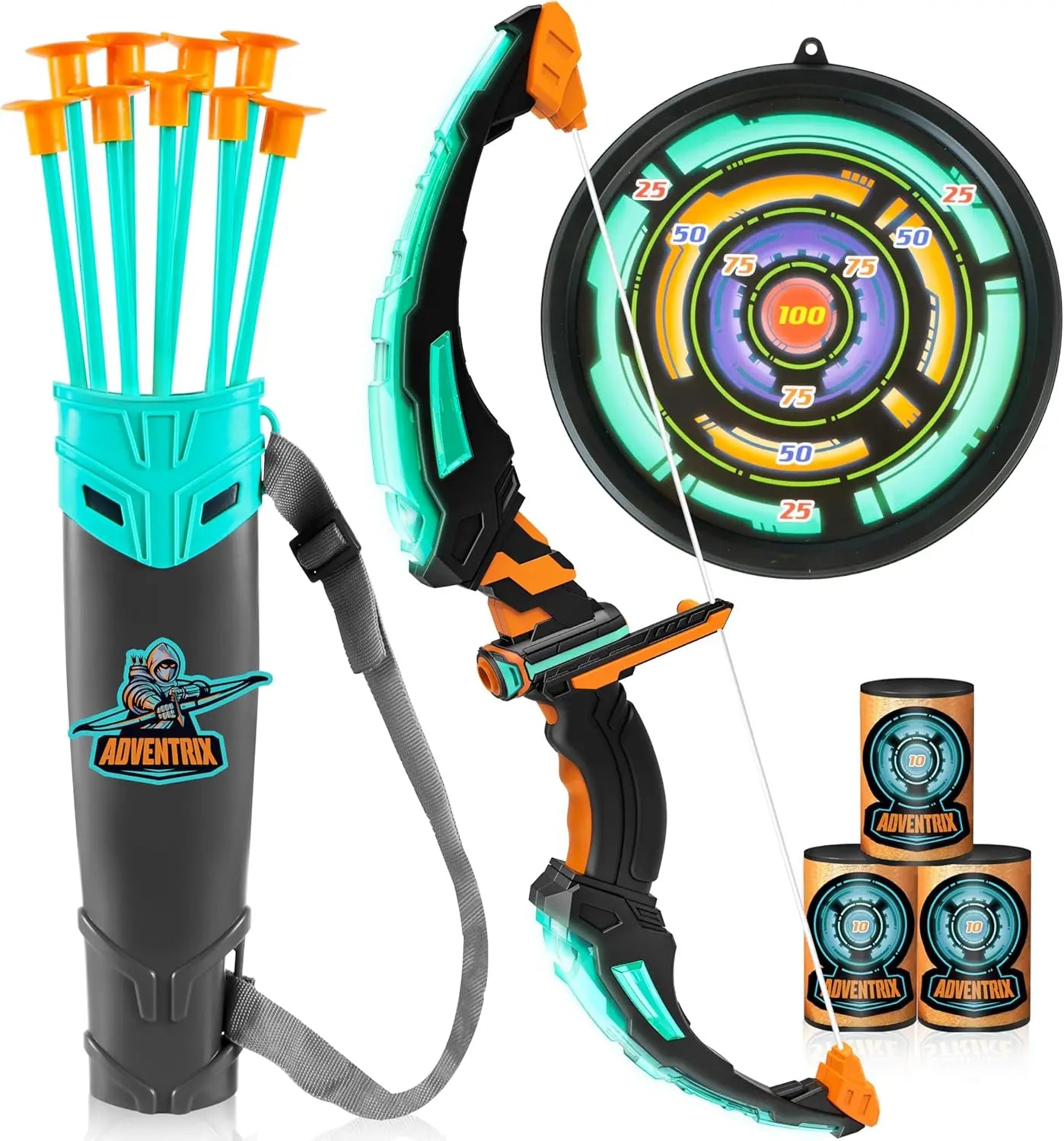Joyfy Kids Bow and Arrow Set LED Light Up Archery Toy with 9 Suction Arrows and Target